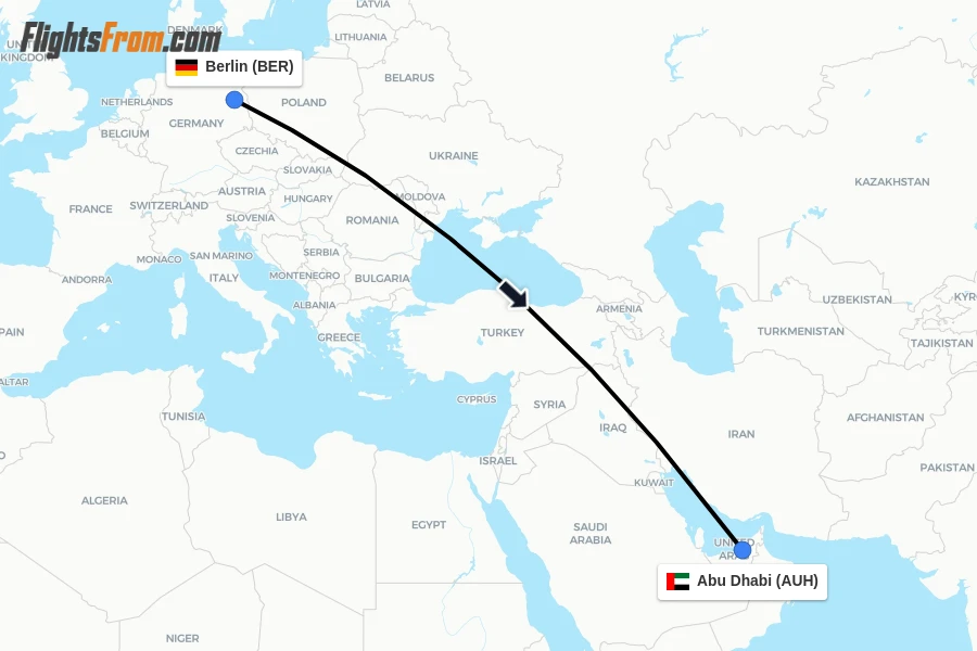 Flights from Berlin to Abu Dhabi route map