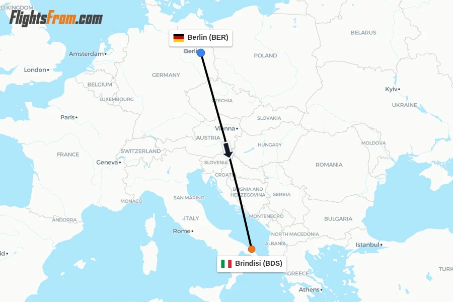 Flights from Berlin to Brindisi route map
