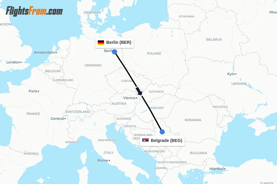Flights from Berlin to Belgrade route map