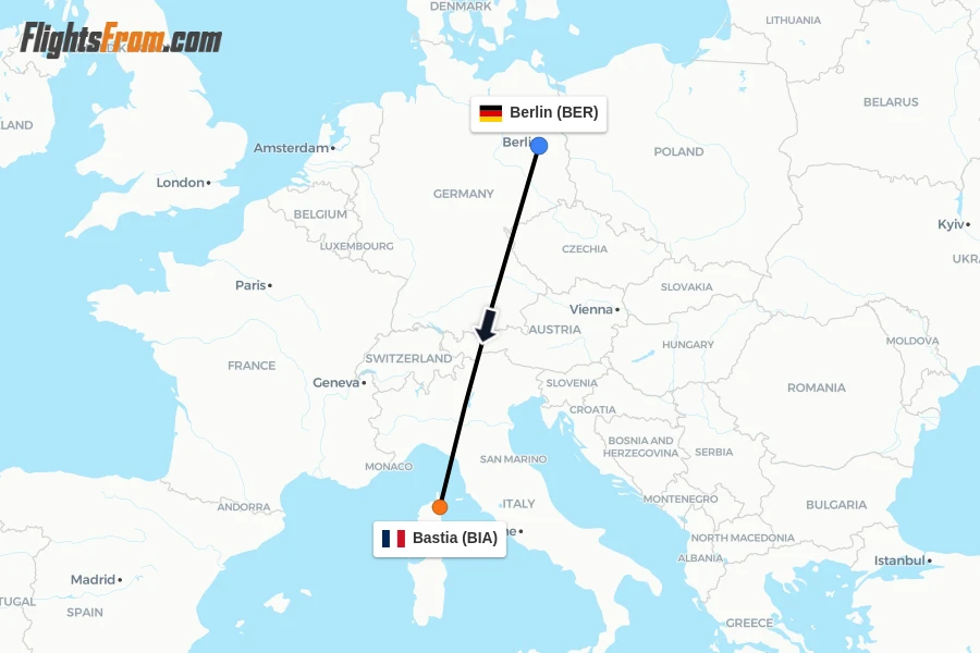 Flights from Berlin to Bastia route map
