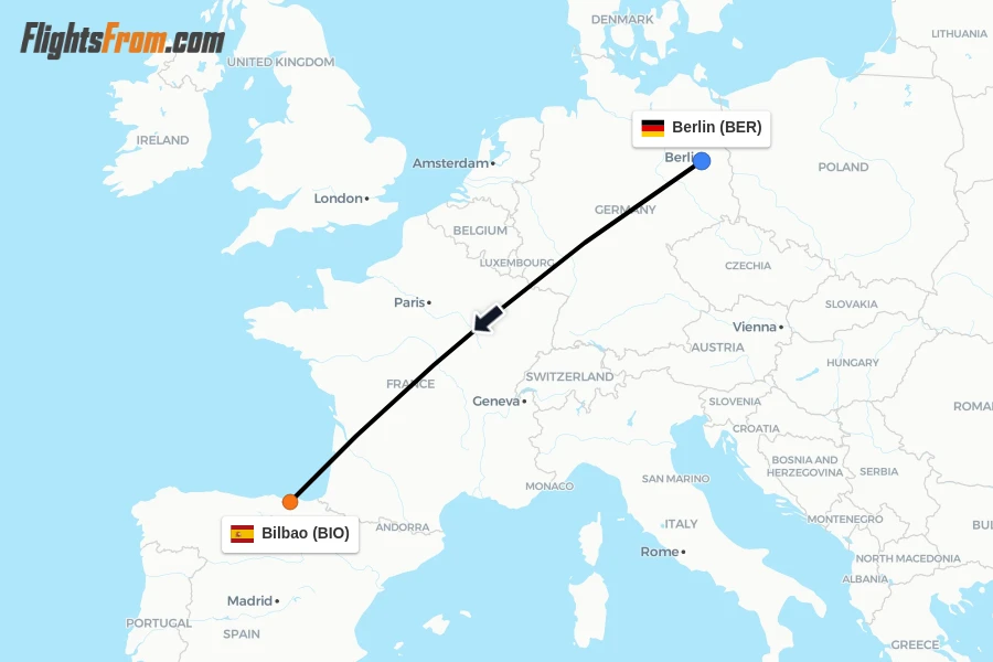 Flights from Berlin to Bilbao route map