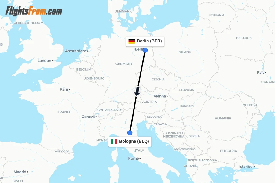 Flights from Berlin to Bologna route map