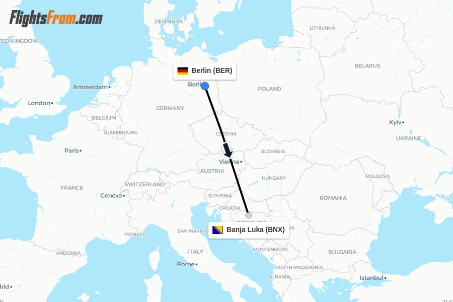 Flights from Berlin to Banja Luka route map