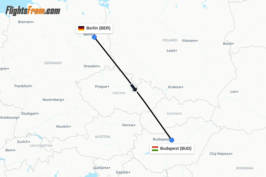 Flights from Berlin to Budapest route map