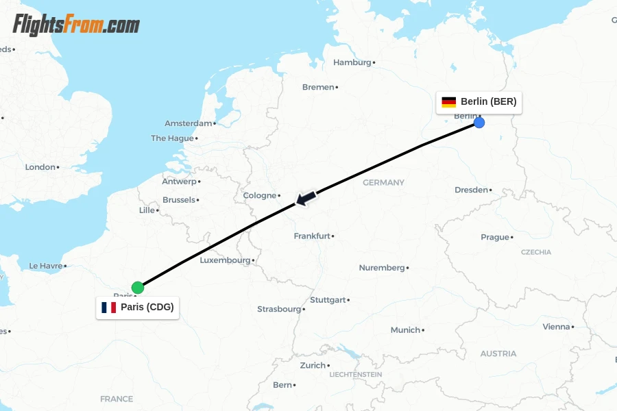 Flights from Berlin to Paris route map