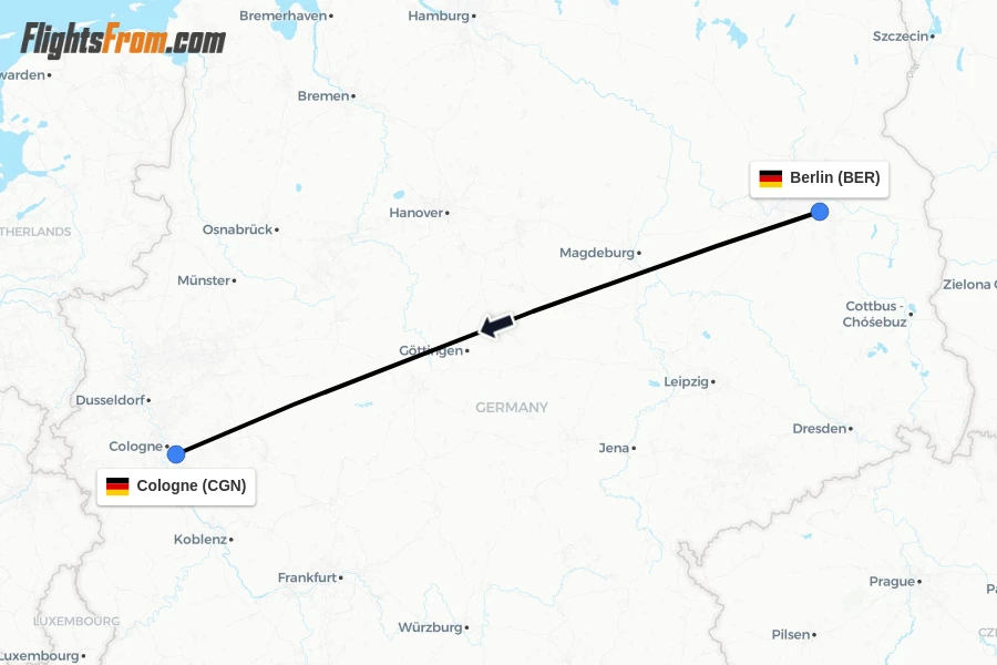 Flights from Berlin to Cologne route map