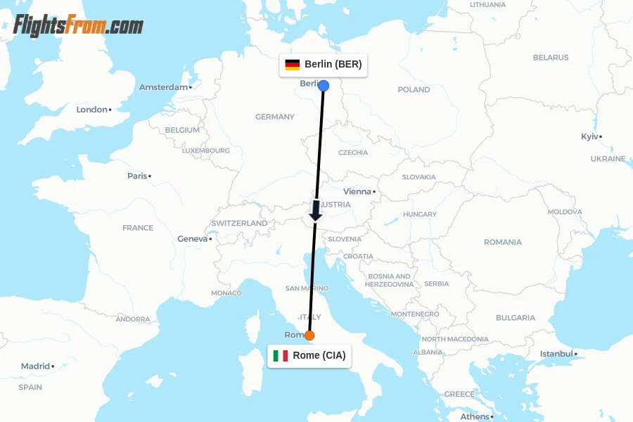 Flights from Berlin to Rome route map