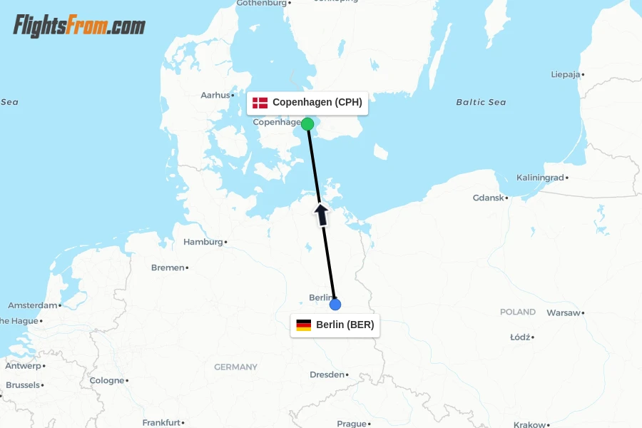 Flights from Berlin to Copenhagen route map