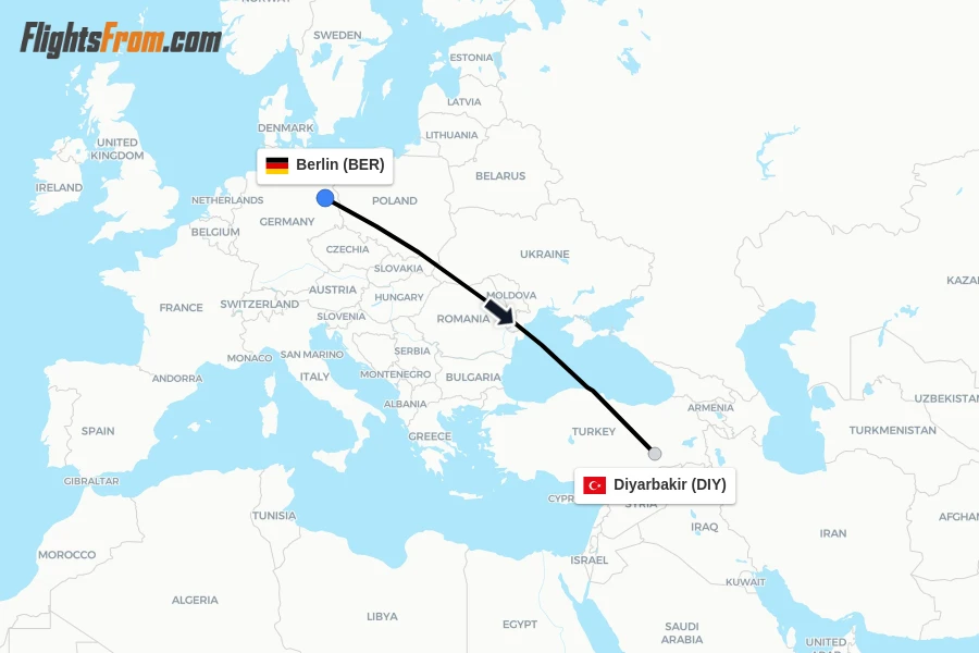 Flights from Berlin to Diyarbakir route map