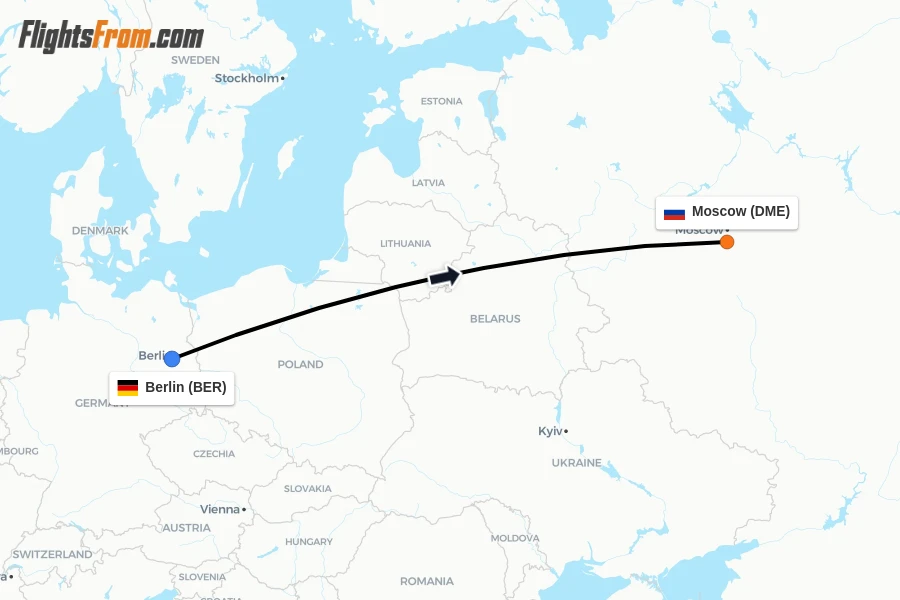 Flights from Berlin to Moscow route map