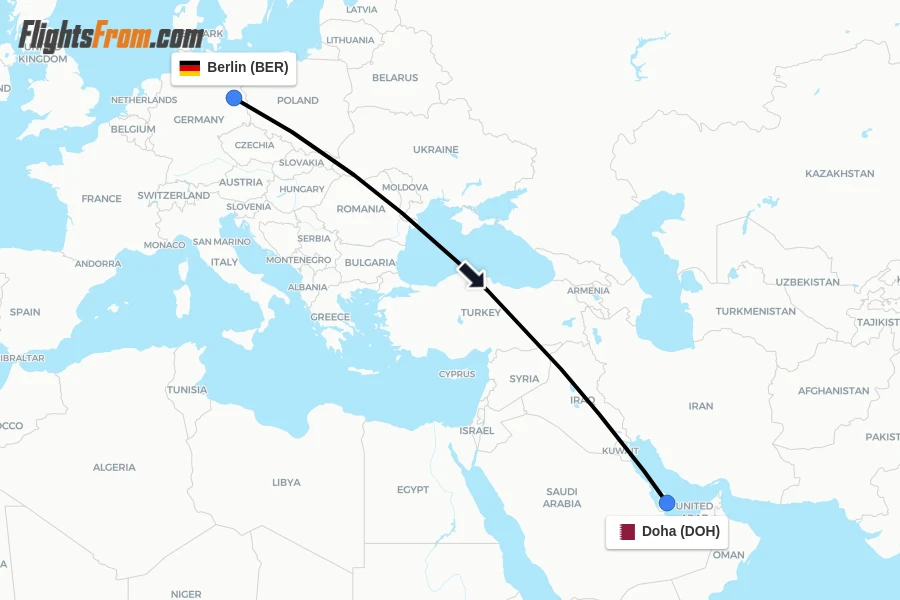 Flights from Berlin to Doha route map