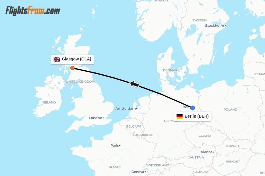 Flights from Berlin to Glasgow route map