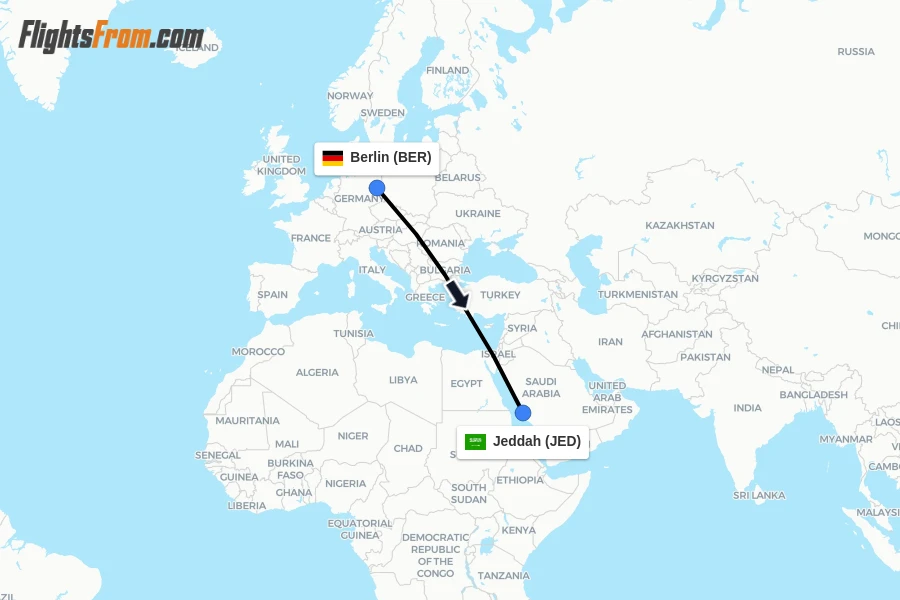 Flights from Berlin to Jeddah route map