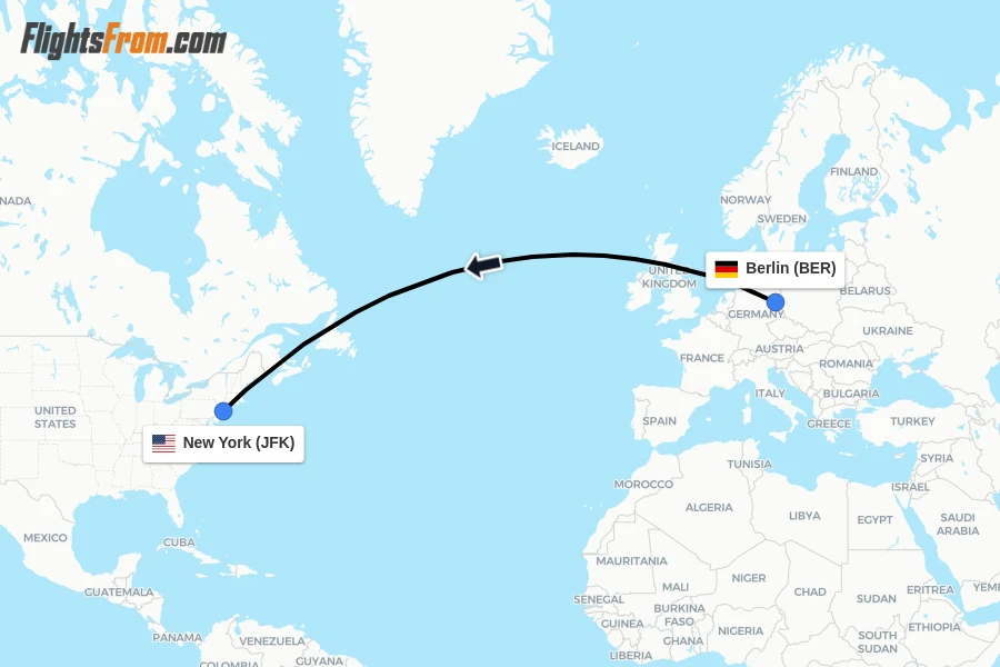 Flights from Berlin to New York route map