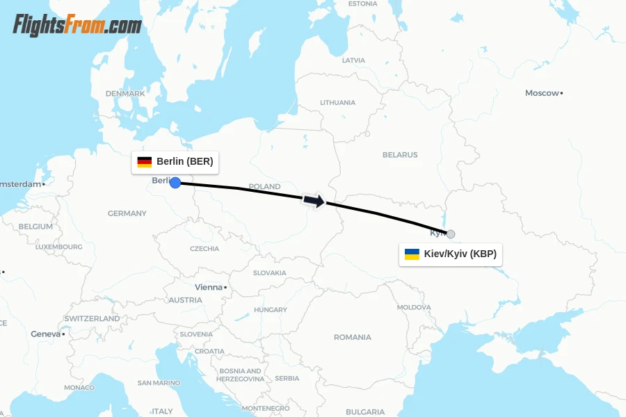 Flights from Berlin to Kiev/Kyiv route map