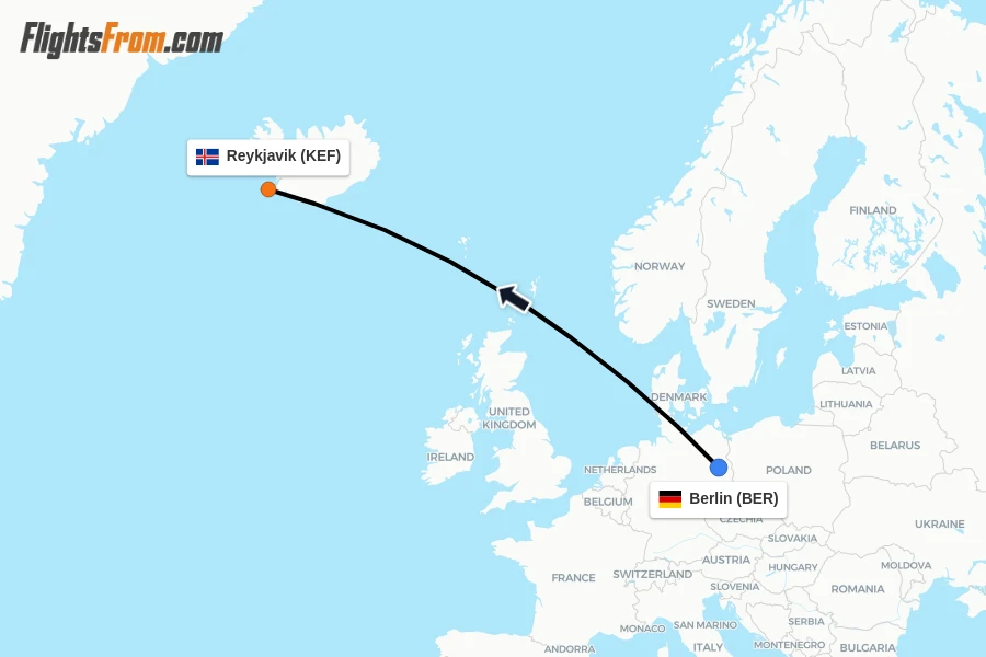 Flights from Berlin to Reykjavik route map