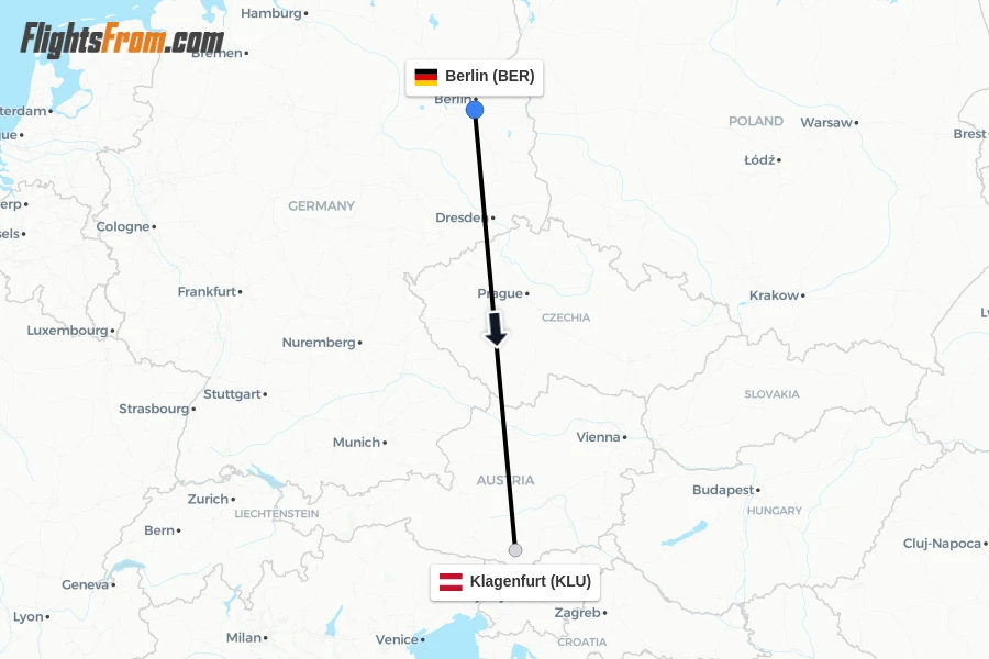 Flights from Berlin to Klagenfurt route map