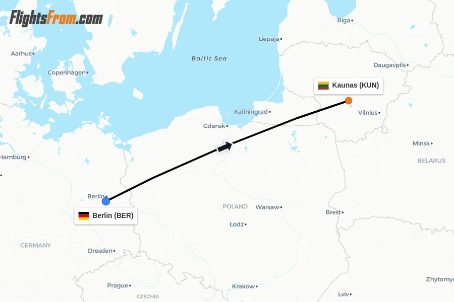 Flights from Berlin to Kaunas route map
