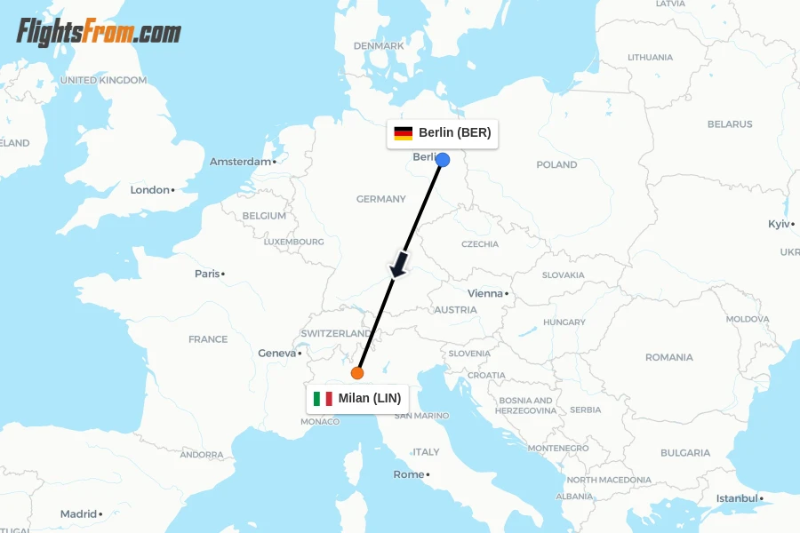 Flights from Berlin to Milan route map
