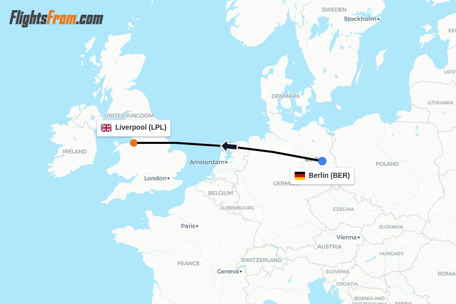 Flights from Berlin to Liverpool route map