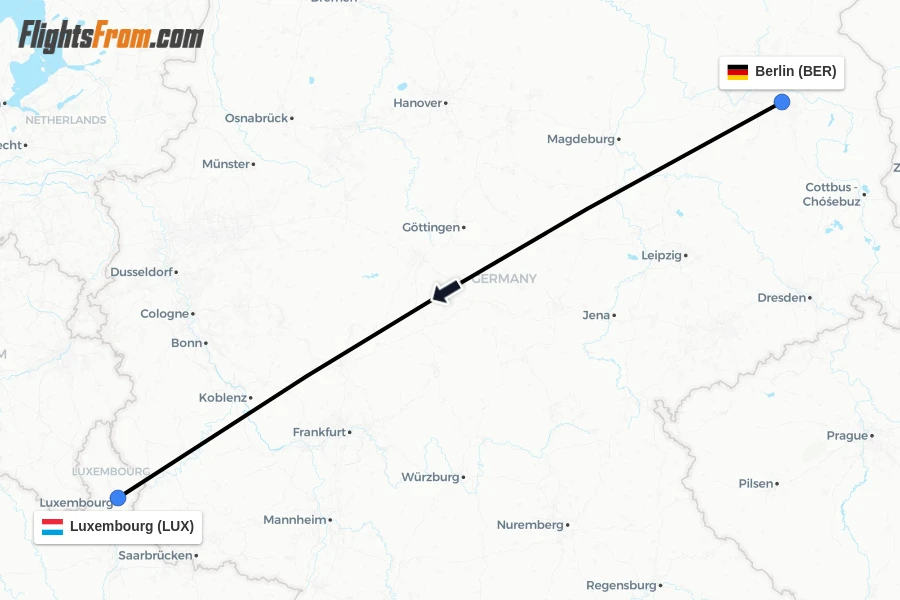 Flights from Berlin to Luxembourg route map