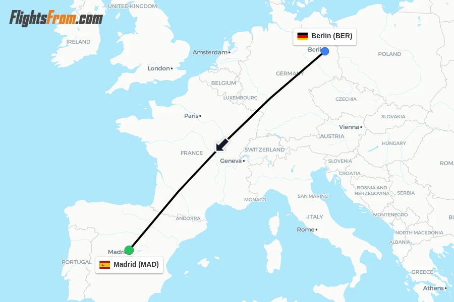 Flights from Berlin to Madrid route map