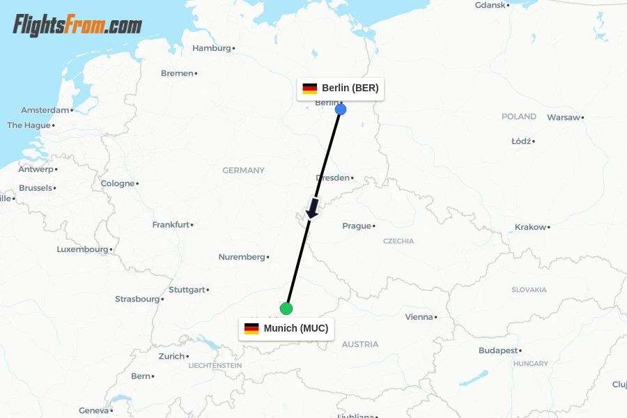 Flights from Berlin to Munich route map