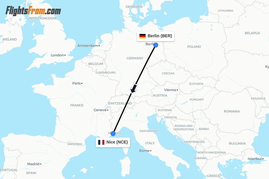 Flights from Berlin to Nice route map