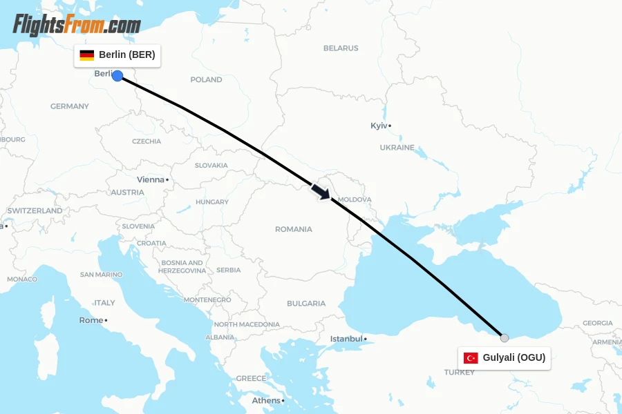 Flights from Berlin to Gulyali route map