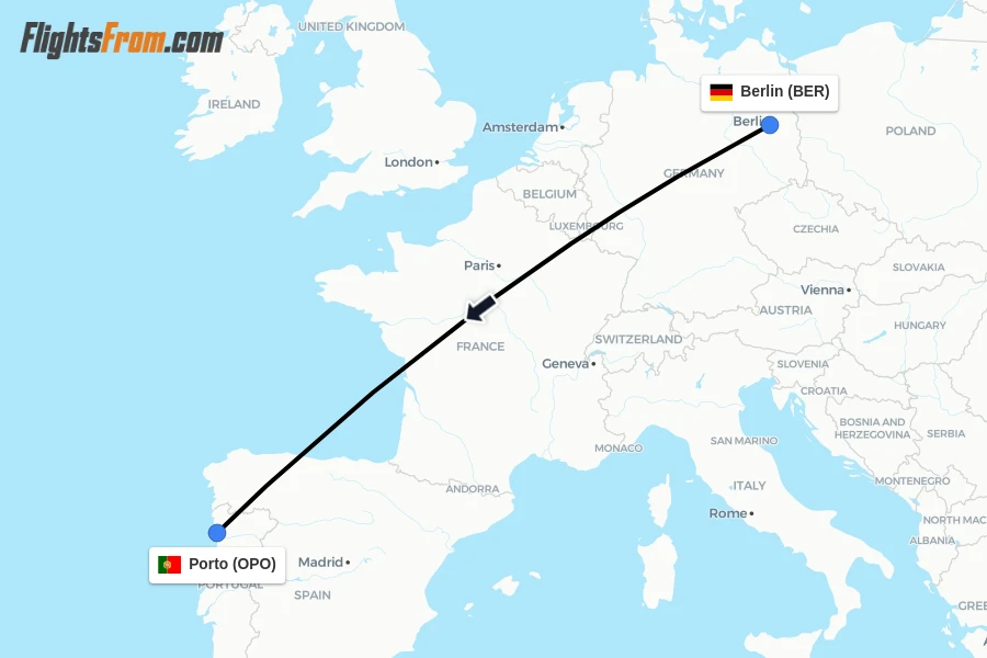 Flights from Berlin to Porto route map