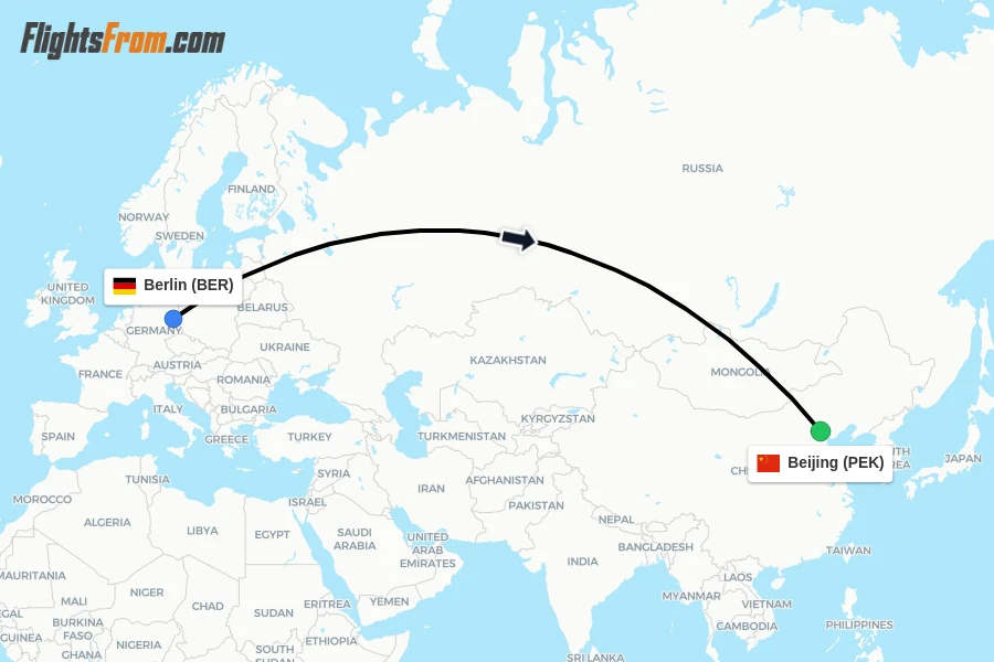 Flights from Berlin to Beijing route map