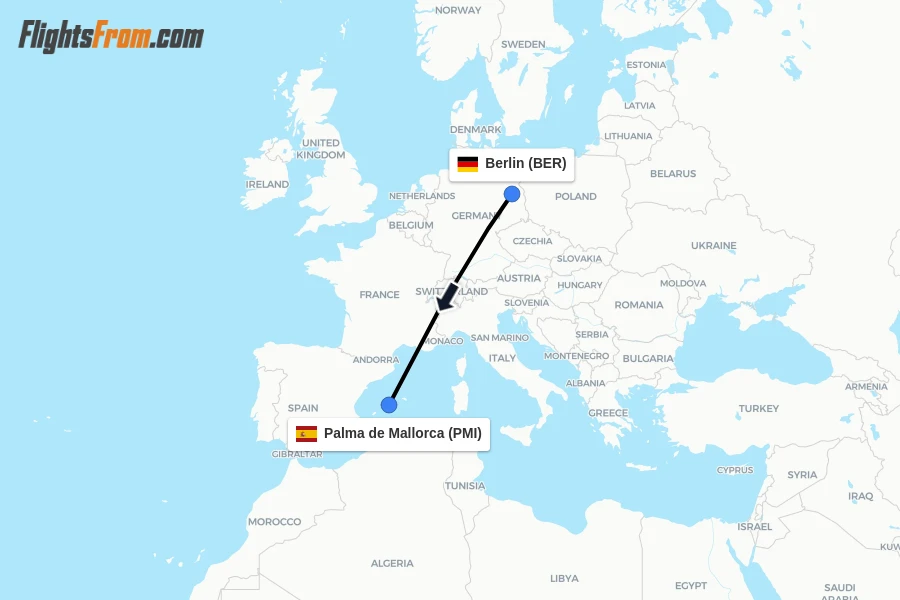 Flights from Berlin to Palma de Mallorca route map