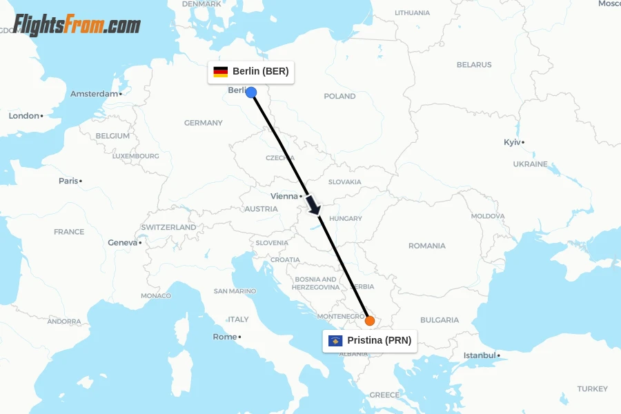 Flights from Berlin to Pristina route map