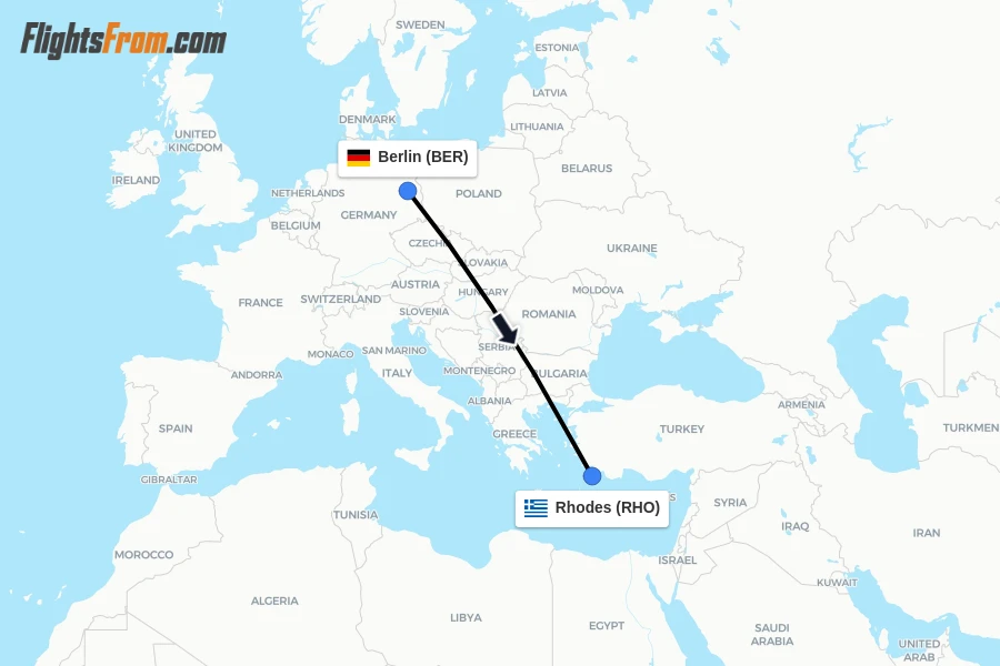 Flights from Berlin to Rhodes route map