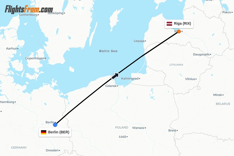 Flights from Berlin to Riga route map