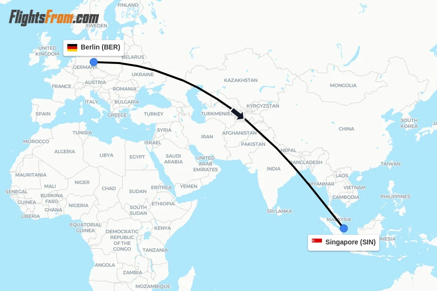 Flights from Berlin to Singapore route map