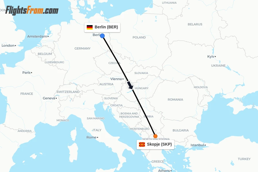 Flights from Berlin to Skopje route map