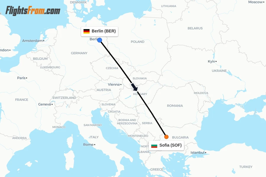 Flights from Berlin to Sofia route map