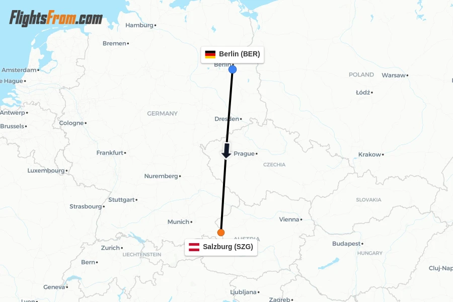 Flights from Berlin to Salzburg route map