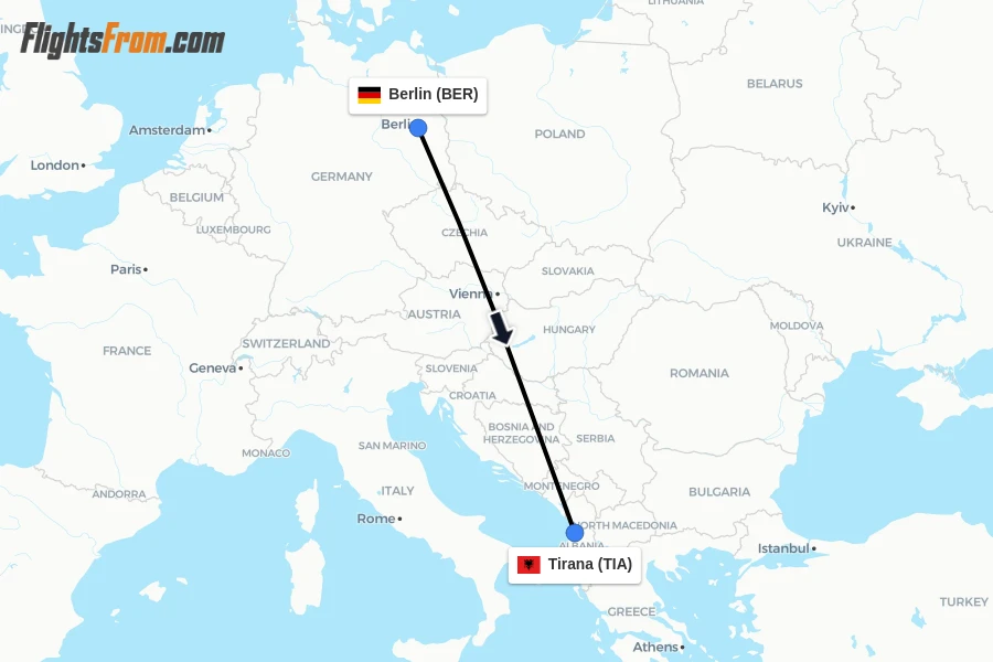 Flights from Berlin to Tirana route map