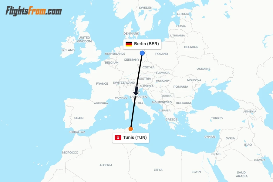 Flights from Berlin to Tunis route map