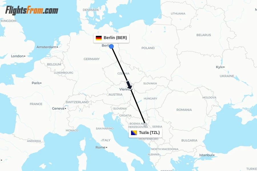 Flights from Berlin to Tuzla route map