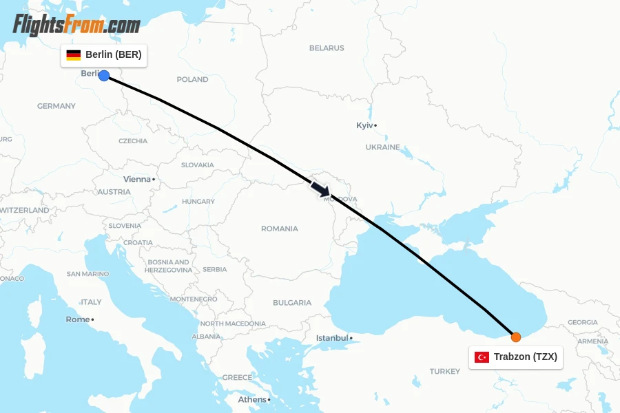 Flights from Berlin to Trabzon route map