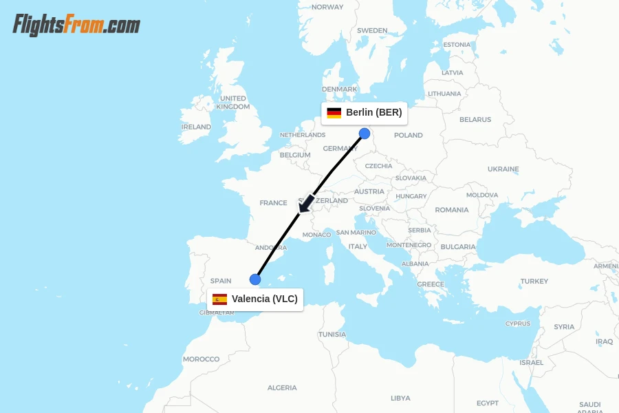 Flights from Berlin to Valencia route map