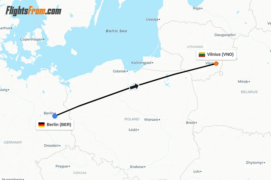 Flights from Berlin to Vilnius route map