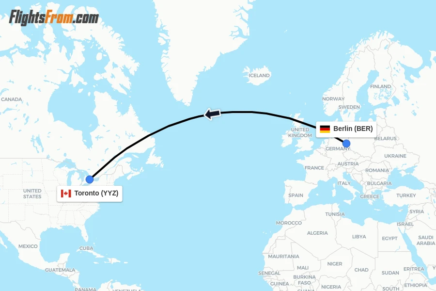 Flights from Berlin to Toronto route map