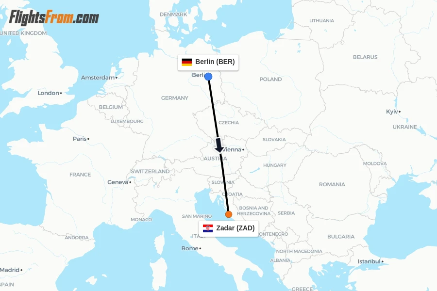 Flights from Berlin to Zadar route map