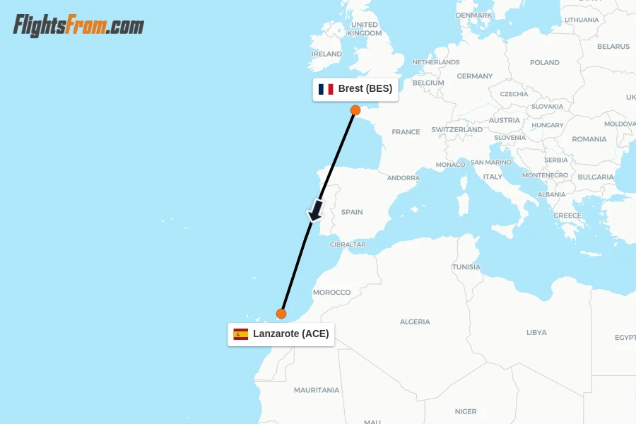 Flights from Brest to Lanzarote route map