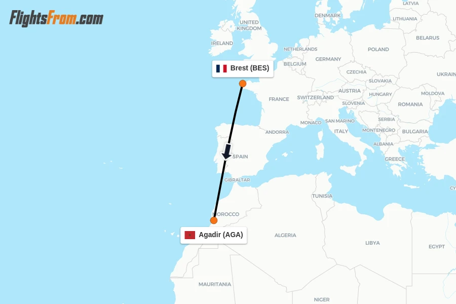 Flights from Brest to Agadir route map