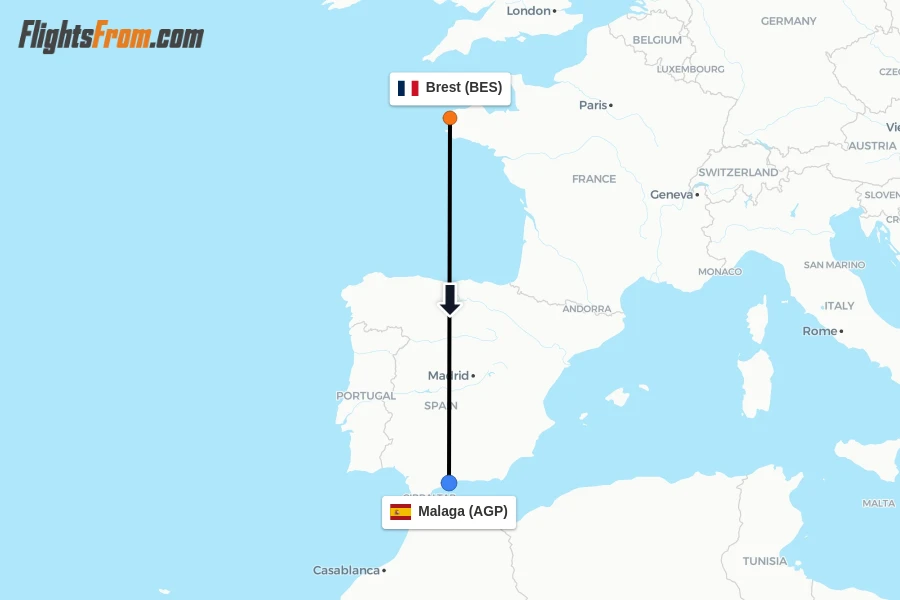Flights from Brest to Malaga route map